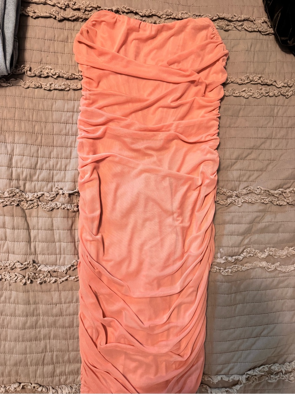Strapless Ruched Midi Dress in Coral